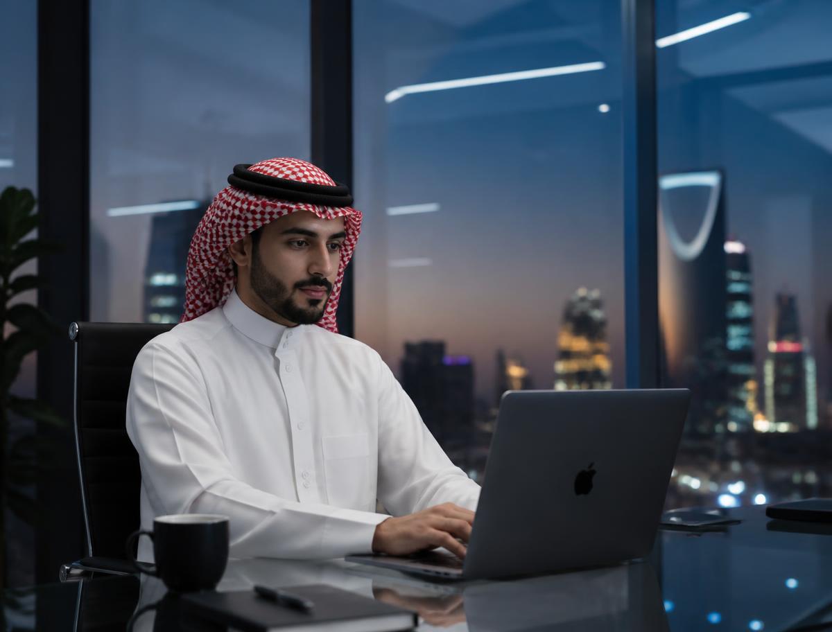 رجل أعمال سعودي يعمل على حاسب محمول في مكتب حديث بالرياض
